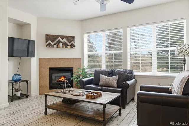 a living room with furniture and a fireplace