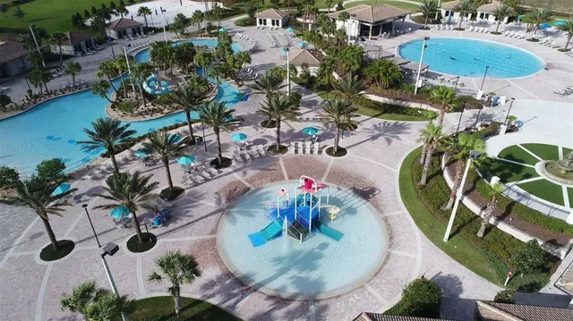 an aerial view of a swimming pool