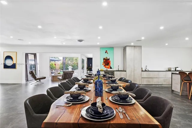a view of a dining room and chairs in a room