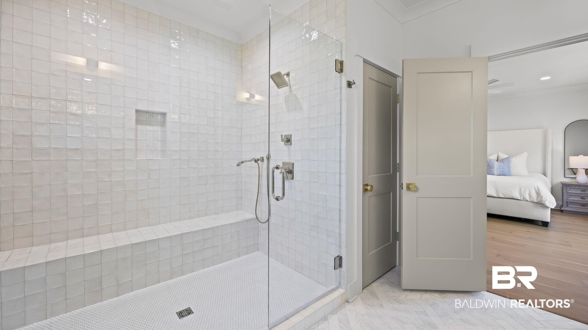 30449 River Road Orange Beach, AL 36561 - Photo 14 of 39 Full bathroom featuring connected bathroom, a shower stall, recessed lighting, and ornamental molding