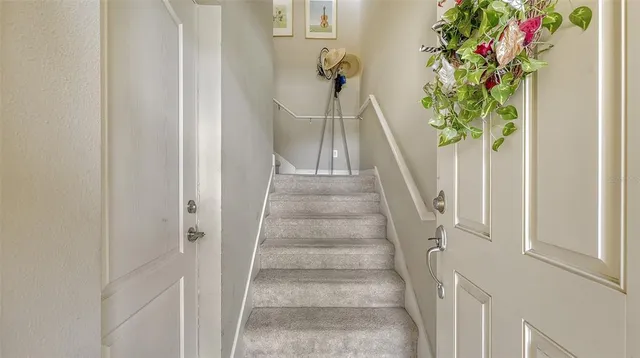 a view of staircase with wooden floor and a potted plant