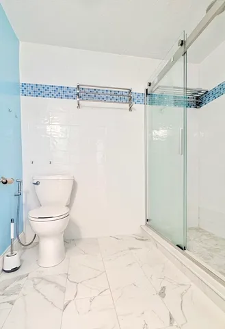 a bathroom with a toilet and a shower