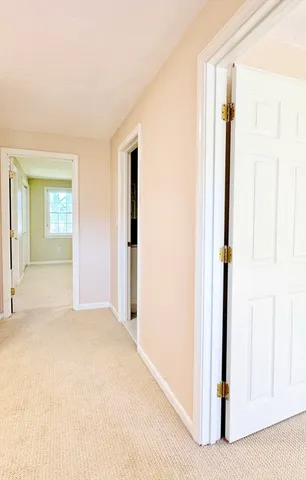 a view of a hallway with wooden floor and closet