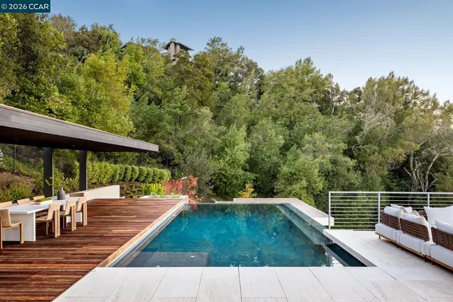 a view of a swimming pool with a garden