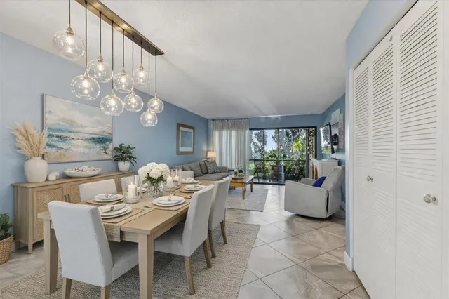 a view of a dining room with furniture window and outside view