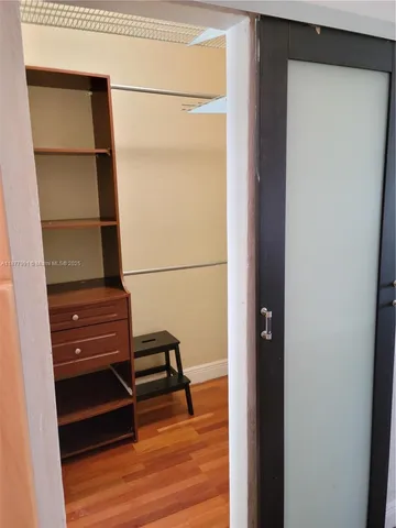 a view of closet with wooden floor
