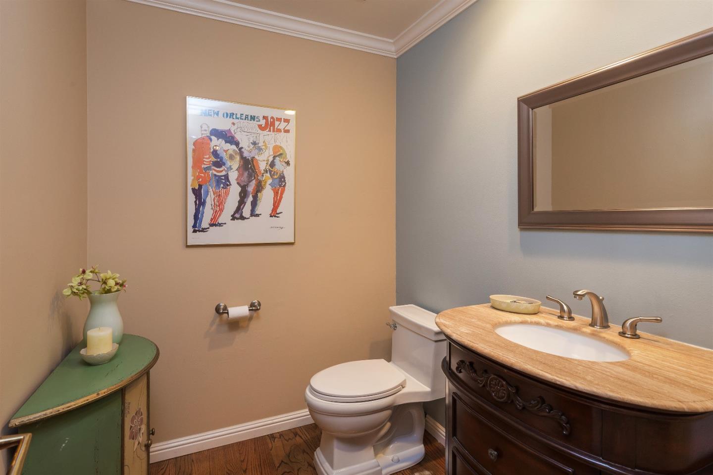 105 Alerche Drive Los Gatos, CA 95032 - Photo 29 of 36 a bathroom with a granite countertop toilet sink and mirror