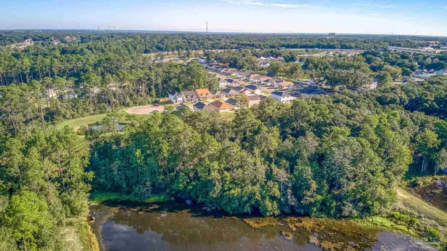 an aerial view of residential houses with outdoor space and trees