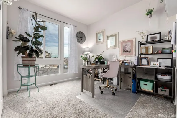 a view of a livingroom with furniture and a potted plant