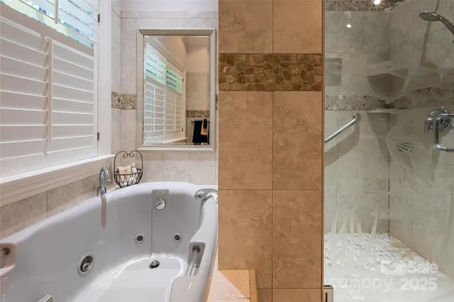 a bathroom with a tub shower sink and mirror