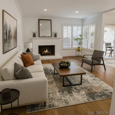 a view of an empty room with window and a kitchen view