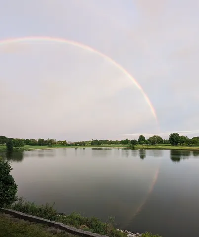 a view of a lake with houses in the background