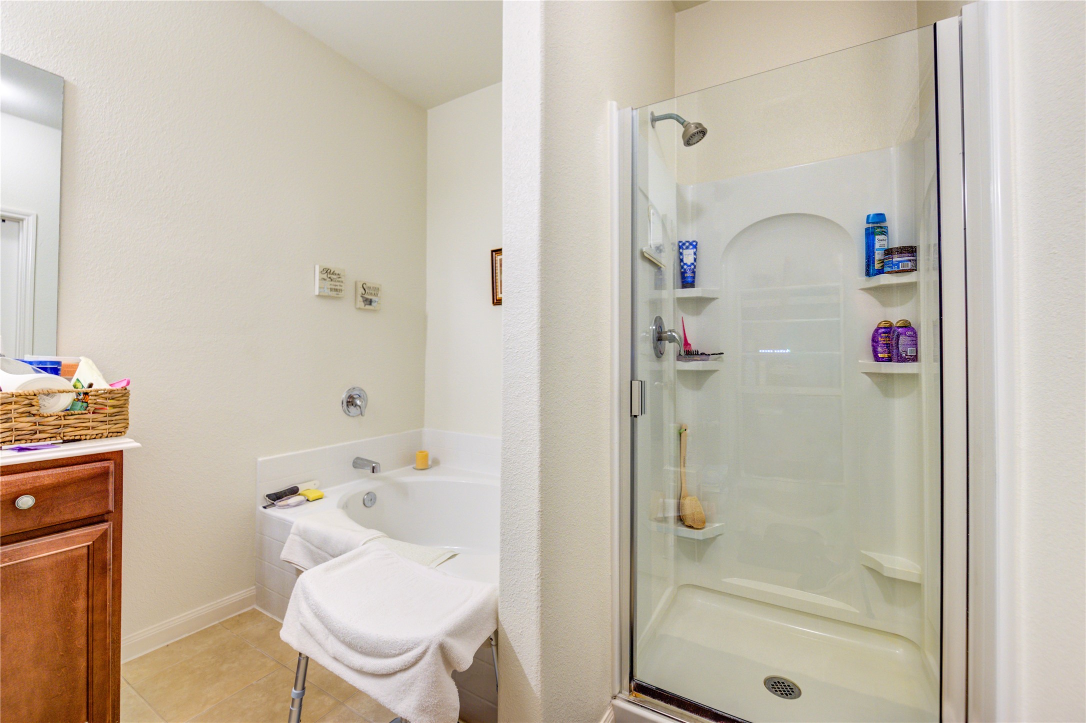 9443 Sky Blue Drive Rosharon, TX 77583 - Photo 16 of 23 Primary bathroom featuring a shower and separate bathtub.