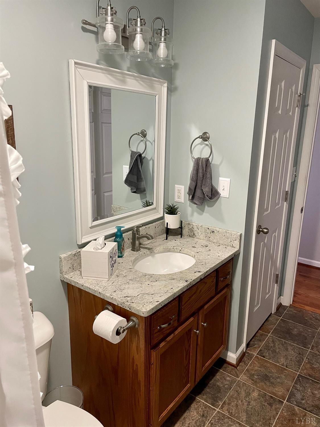 7207 Stage Road Concord, VA 24538 - Photo 22 of 29 a bathroom with a granite countertop sink a toilet and a mirror