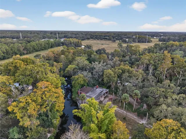 an aerial view of a house with yard and trees all around