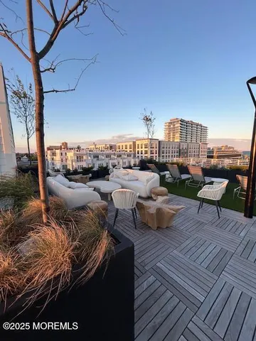 an outdoor view with a seating space