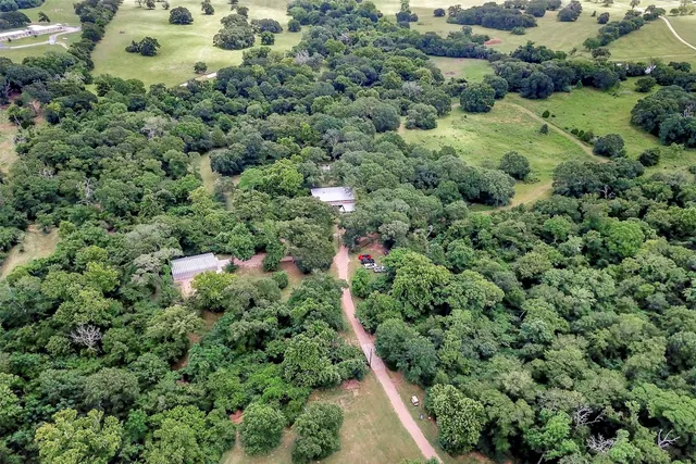 an aerial view of residential houses with outdoor space and trees