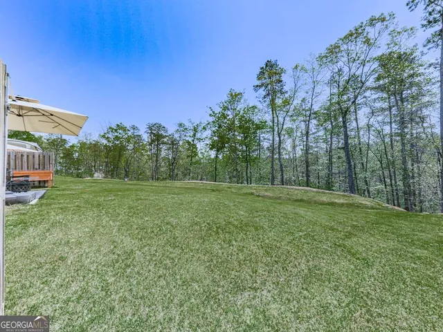 a view of a green field with trees in the background