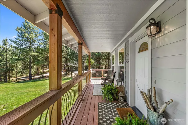 a view of a porch with garden