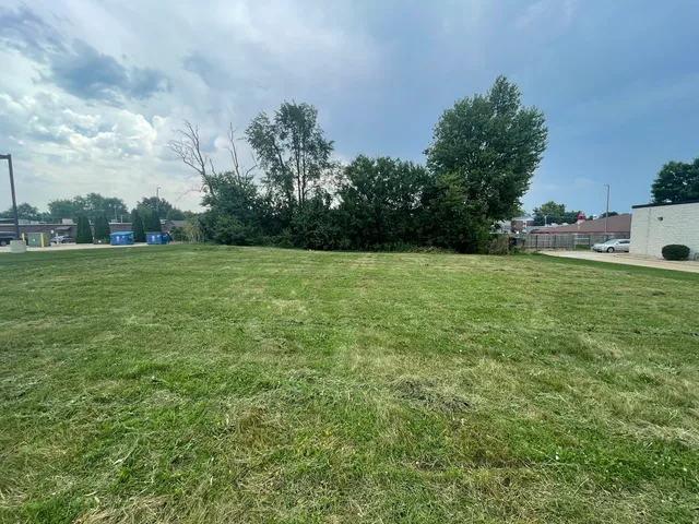 a view of a field with trees in the background