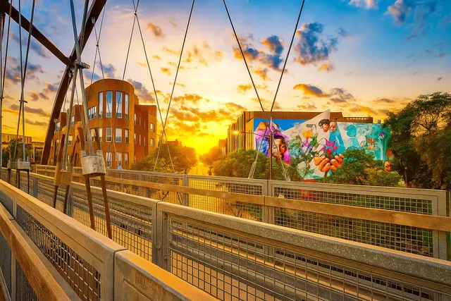 a view of a pathway with a building in the background