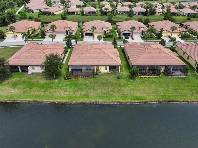 an aerial view of residential houses with outdoor space and street view