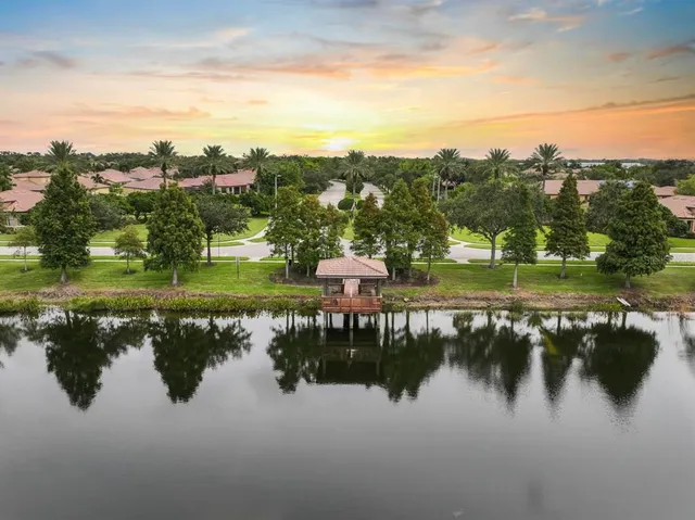a view of a lake with a city