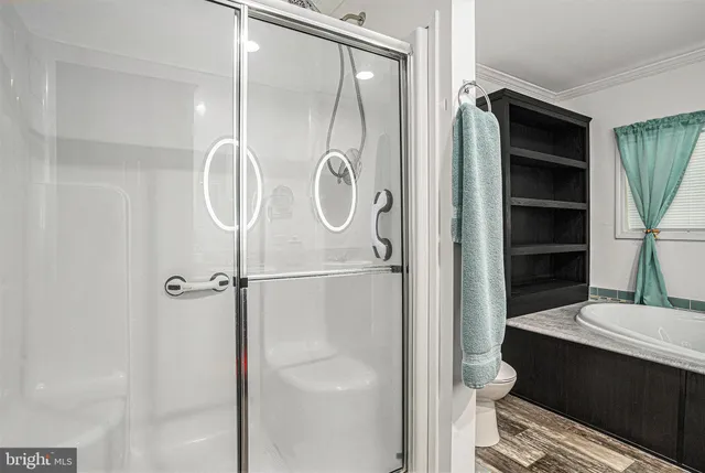 a bathroom with a shower a mirror and a sink
