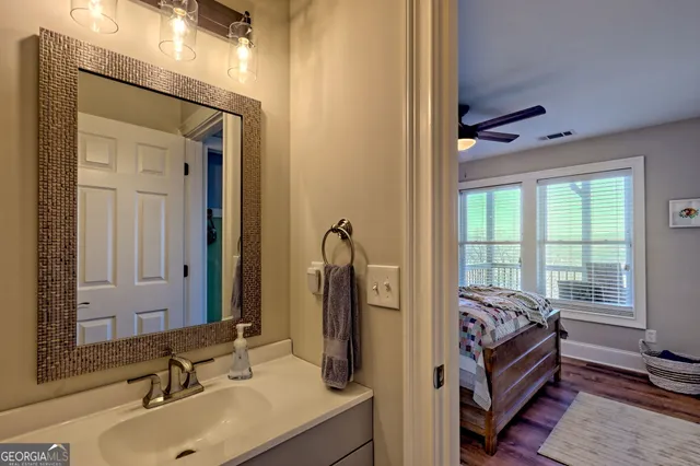 a view of a park with large trees