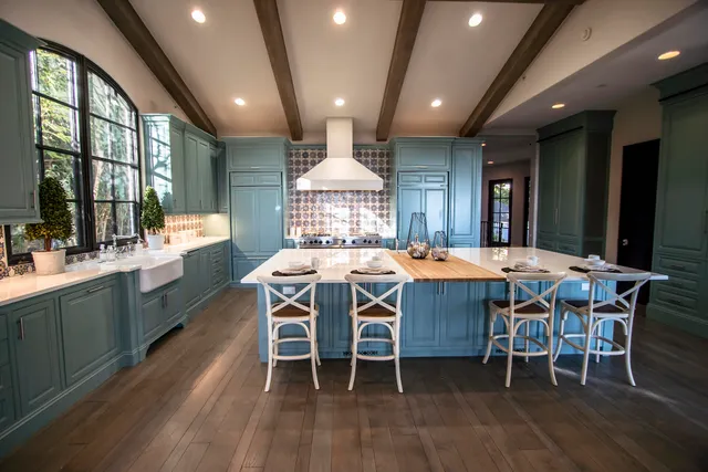 a swimming pool with outdoor seating