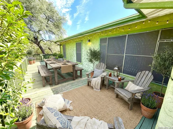 a building outdoor space with patio furniture