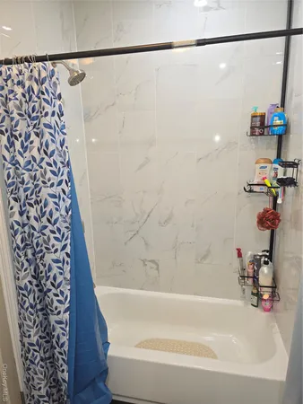 a bathroom with a bathtub and a shower