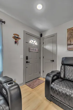 a bedroom with a bed and a walk in closet