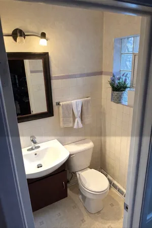 a bathroom with a toilet sink and mirror