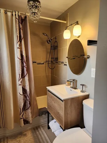 a bathroom with a sink mirror and vanity