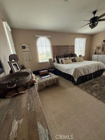 a bedroom with a bed and a ceiling fan