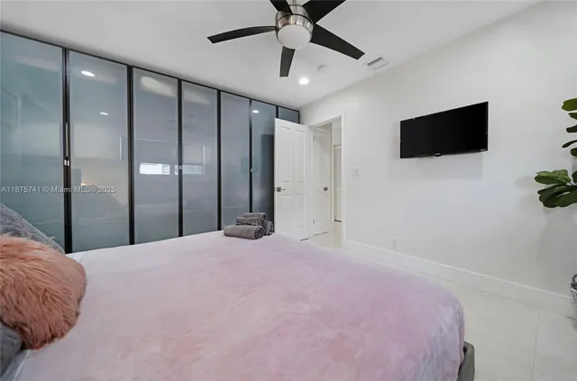 a bedroom with a bed and a flat screen tv