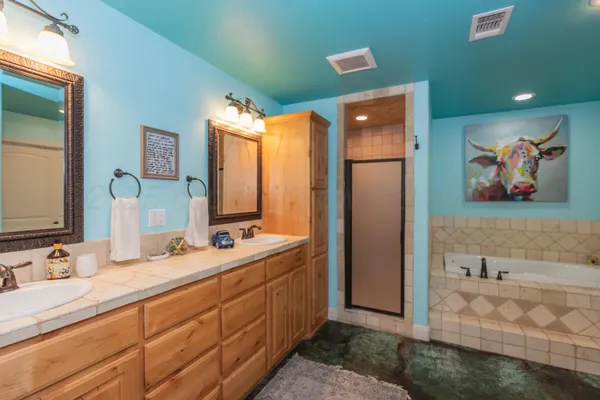 a bathroom with double vanity sink and a mirror