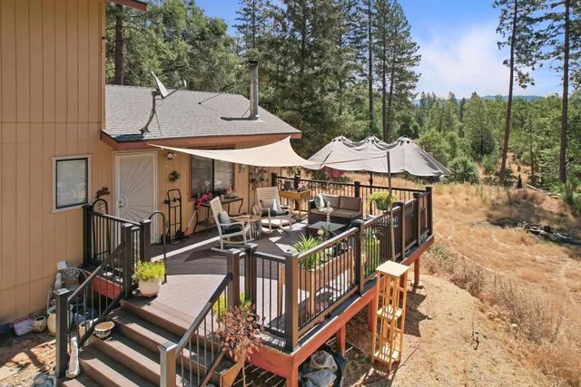 an outdoor space with seating area