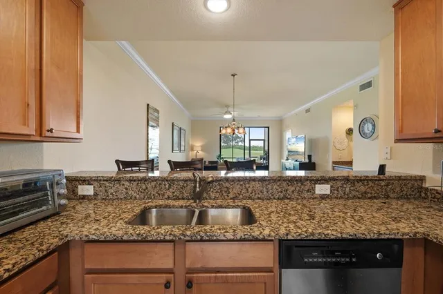 a kitchen with granite countertop a sink a counter space appliances and cabinets