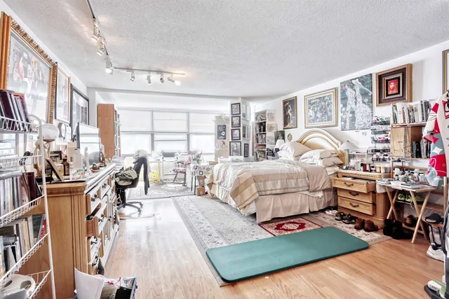 a spacious bedroom with a bed a couch and bookshelf