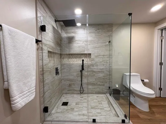 a bathroom with a shower and a toilet