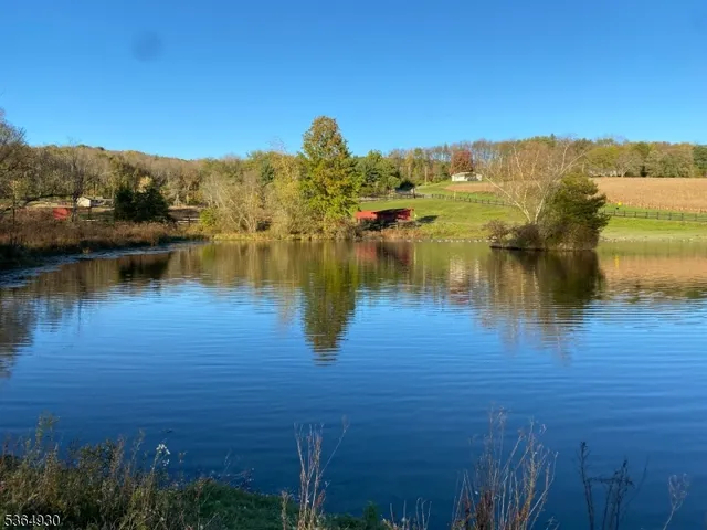 a view of a lake with houses in the background