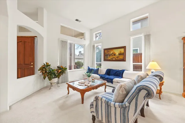 a living room with furniture and a potted plant