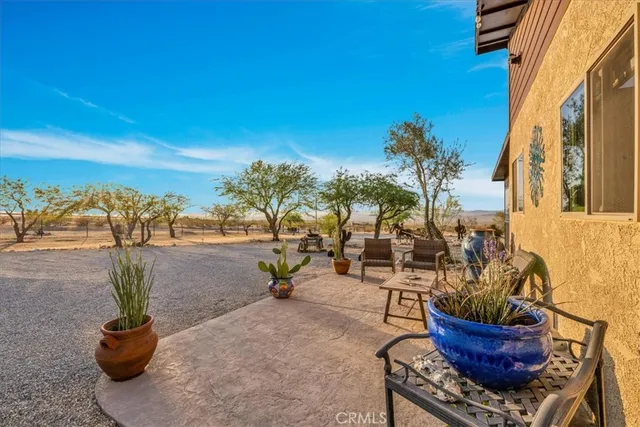a view of a patio with table and chairs potted plants
