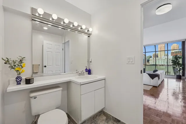 a bathroom with a toilet sink and mirror
