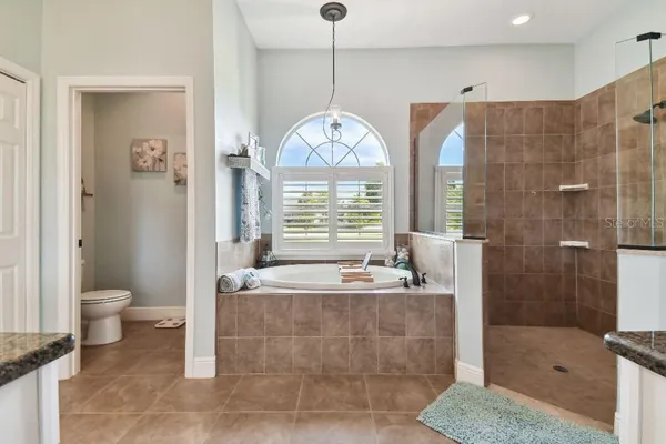 a bathroom with a granite countertop sink a toilet a mirror and shower