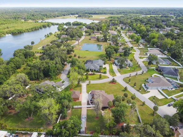 an aerial view of a house with swimming pool and green space
