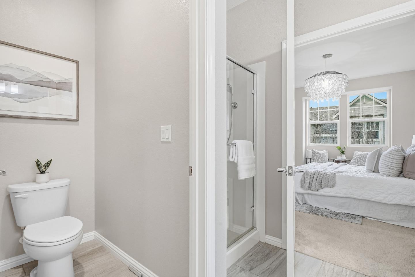 346 Circuit Way Mountain View, CA 94043 - Photo 29 of 65 a bathroom with a granite countertop toilet a sink and a large mirror