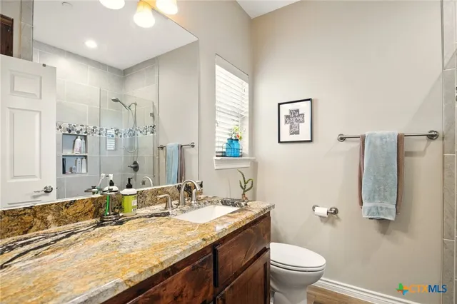 a bathroom with a granite countertop sink a toilet and a large mirror